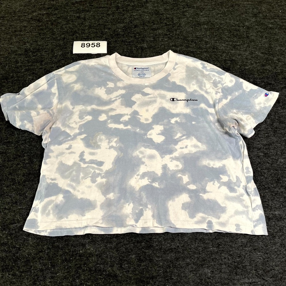 Champion Crop T Shirt Womens Large Blue White Tie Dye Crew Neck Cotton Casual